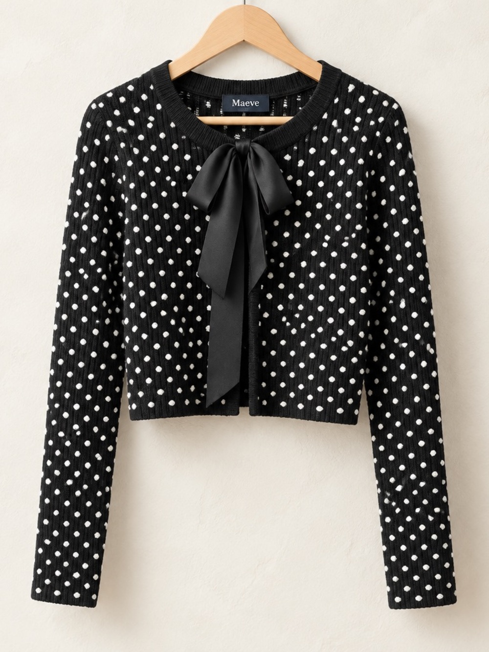 Anthropologie Maeve Black Polka Dot Bow-Front Cardigan